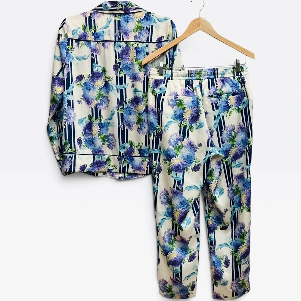 J.Crew Vintage Floral Stripe Drapey Pull-On Pant and Top Lounge Set Blue S 4